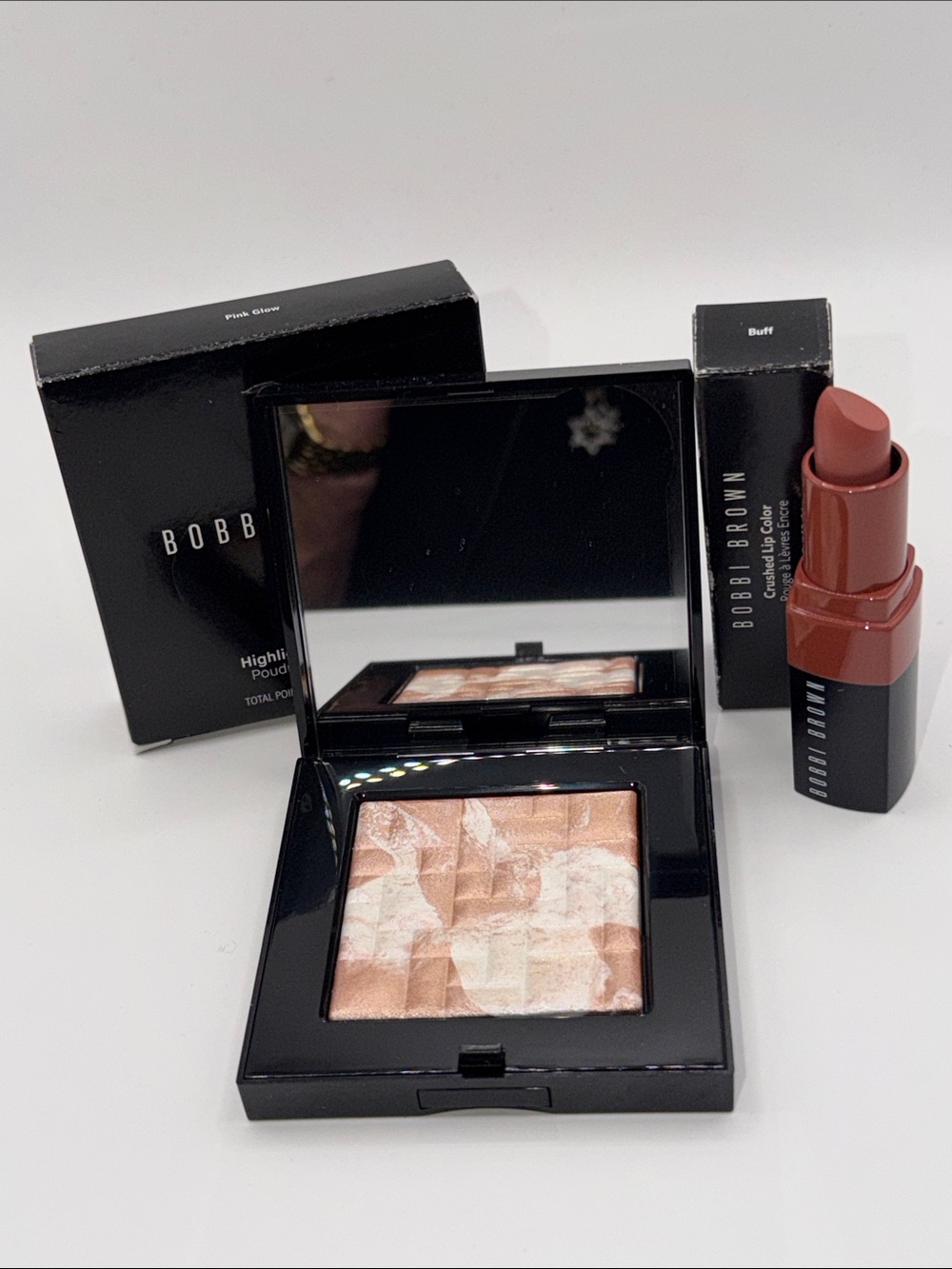 Bobbi Brown Bundle/Highlighting Powder Pink Glow/Crushed Lip Color Buff F/S NIB!